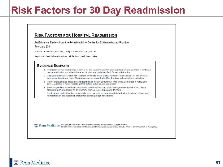 Risk Factors for 30 Day Readmission 53 