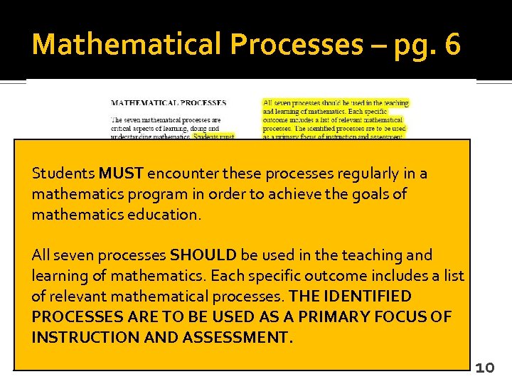 Mathematical Processes – pg. 6 Students MUST encounter these processes regularly in a mathematics