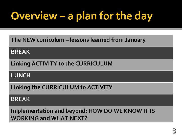 Overview – a plan for the day The NEW curriculum – lessons learned from