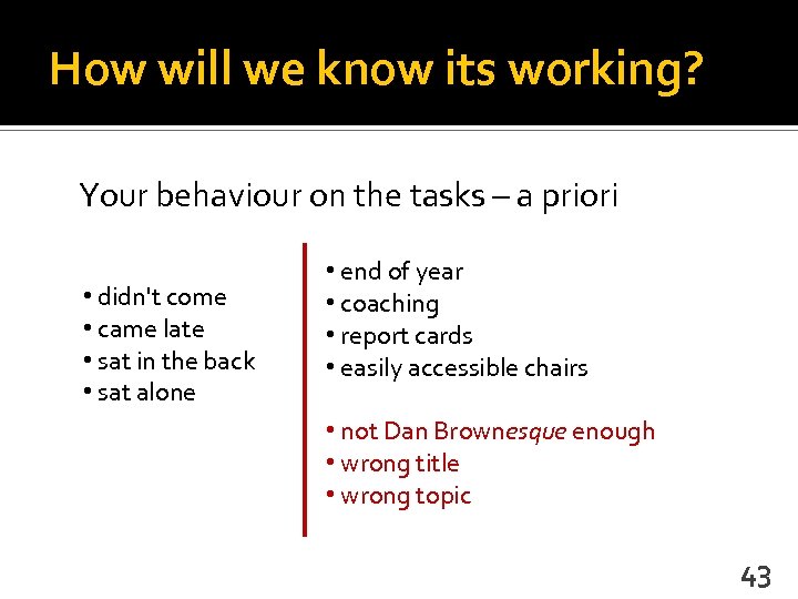 How will we know its working? Your behaviour on the tasks – a priori