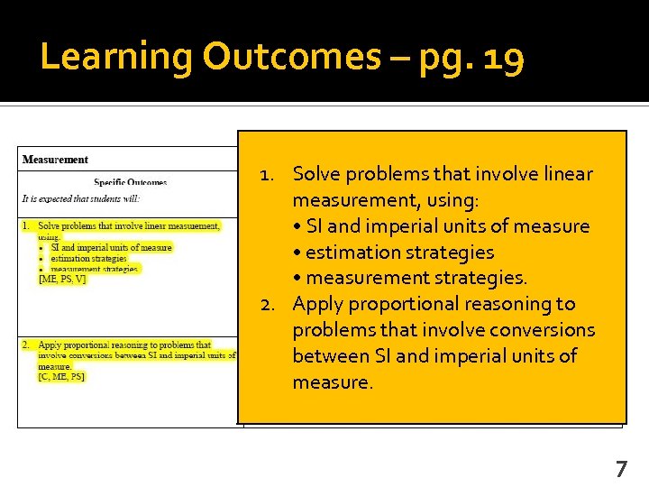 Learning Outcomes – pg. 19 1. Solve problems that involve linear measurement, using: •