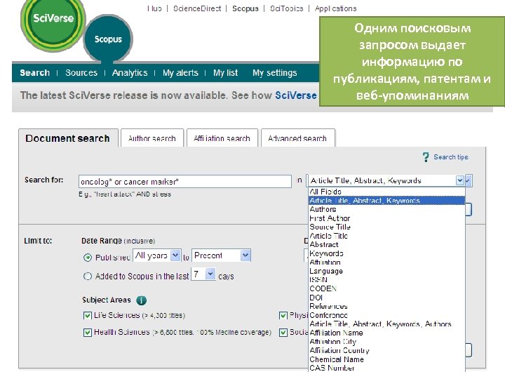 Одним поисковым запросом выдает информацию по публикациям, патентам и веб-упоминаниям 