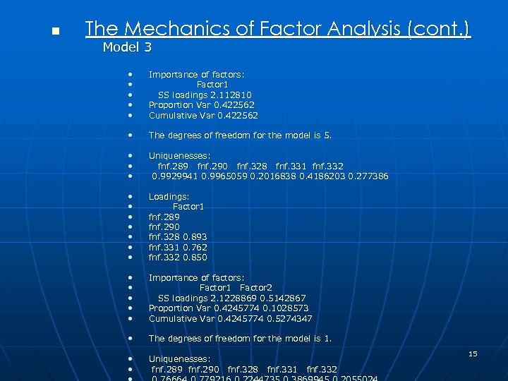 n The Mechanics of Factor Analysis (cont. ) Model 3 • • • Importance
