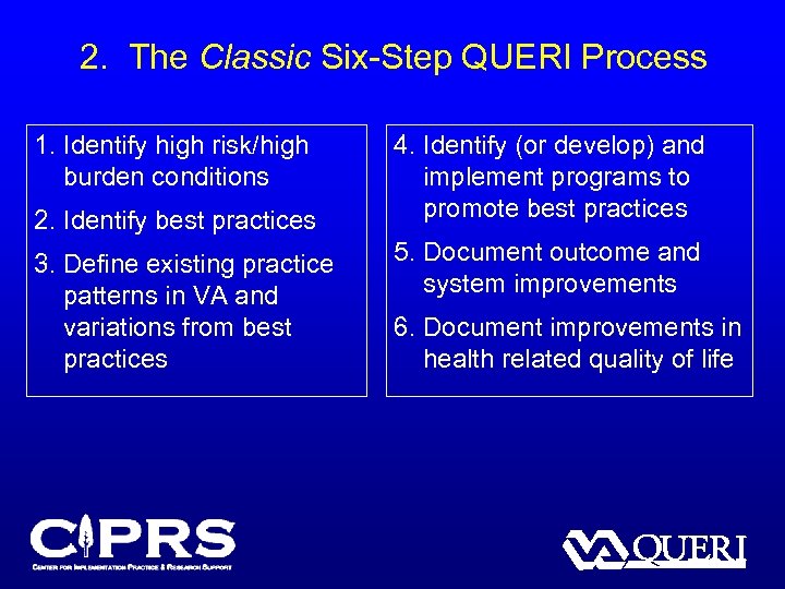 2. The Classic Six-Step QUERI Process 1. Identify high risk/high burden conditions 2. Identify