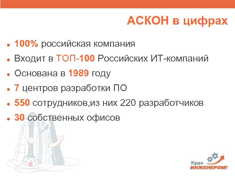 АСКОН в цифрах 100% российская компания Входит в ТОП-100 Российских ИТ-компаний Основана в 1989
