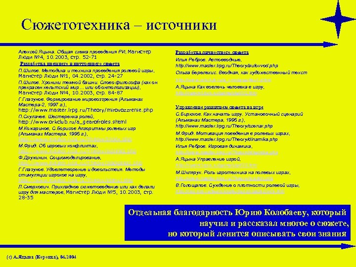 Сюжетотехника – источники Алексей Яцына. Общая схема проведения РИ, Магистер Люди № 4, 10.
