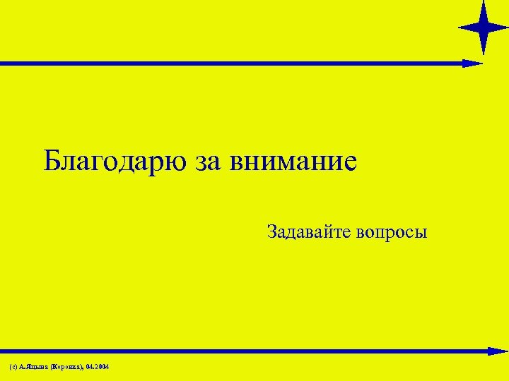 Благодарю за внимание Задавайте вопросы (с) А. Яцына (Коровка), 04. 2004 
