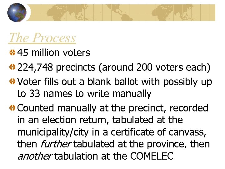 The Process 45 million voters 224, 748 precincts (around 200 voters each) Voter fills