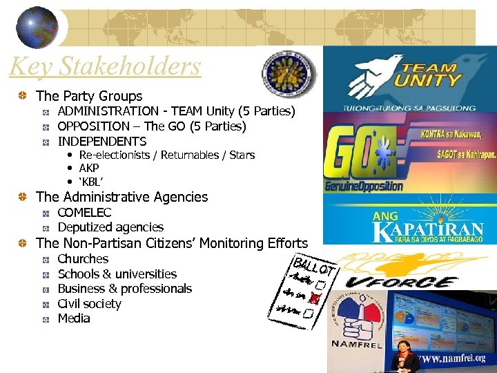 Key Stakeholders The Party Groups ADMINISTRATION - TEAM Unity (5 Parties) OPPOSITION – The