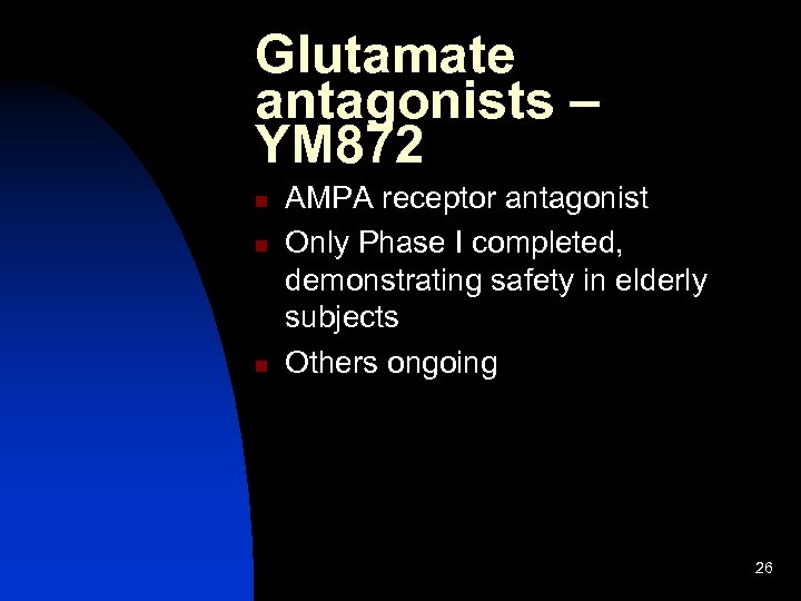 Glutamate antagonists – YM 872 n n n AMPA receptor antagonist Only Phase I