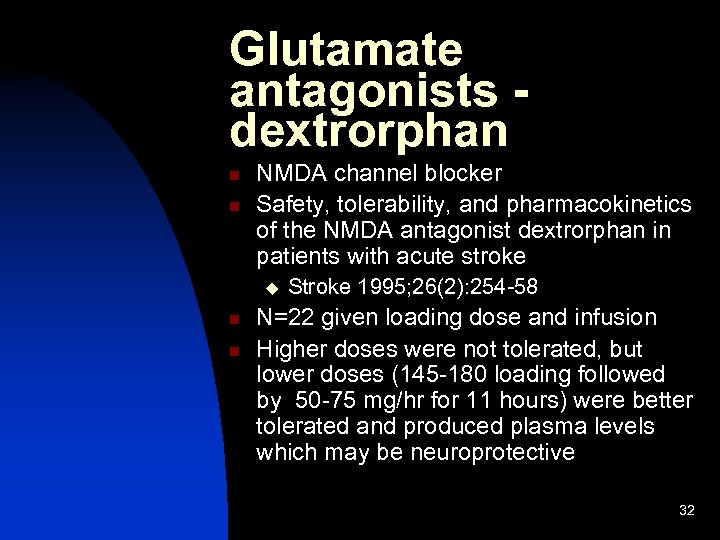 Glutamate antagonists dextrorphan n n NMDA channel blocker Safety, tolerability, and pharmacokinetics of the