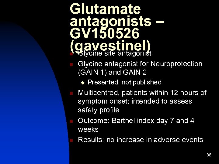 Glutamate antagonists – GV 150526 (gavestinel) Glycine site antagonist n n Glycine antagonist for