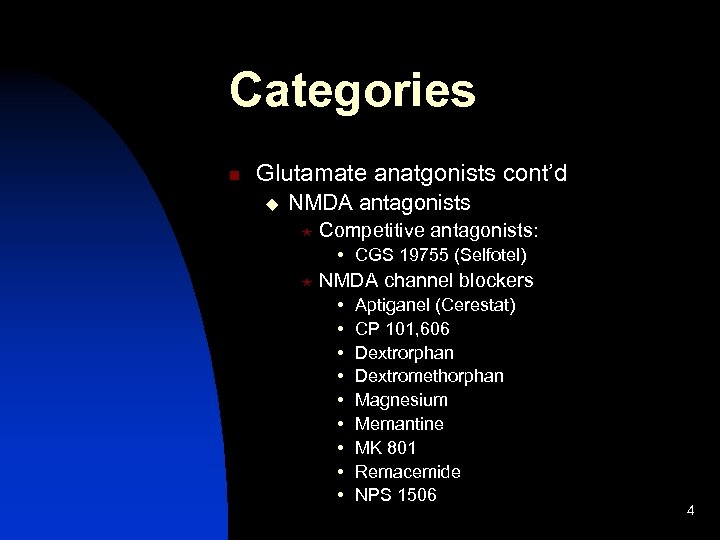 Categories n Glutamate anatgonists cont’d u NMDA antagonists « Competitive antagonists: • CGS 19755
