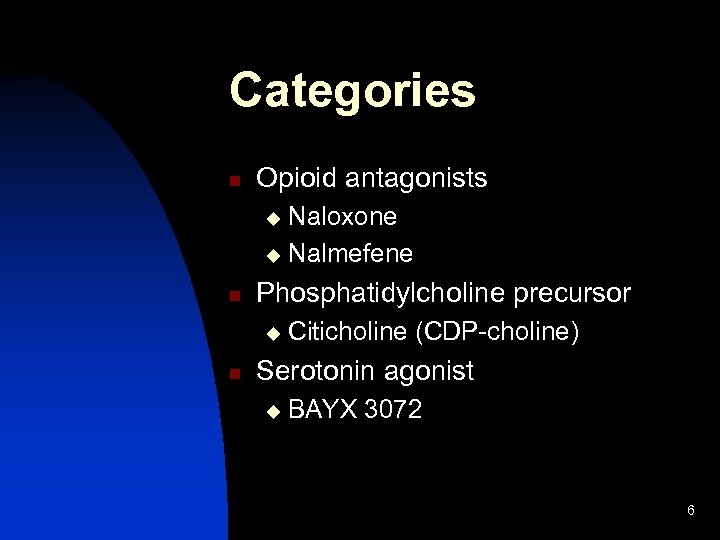 Categories n Opioid antagonists Naloxone u Nalmefene u n Phosphatidylcholine precursor u n Citicholine