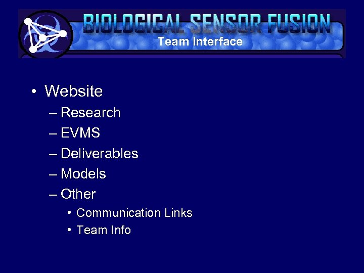 Team Interface • Website – Research – EVMS – Deliverables – Models – Other
