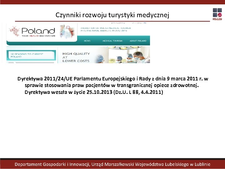 Czynniki rozwoju turystyki medycznej Dyrektywa 2011/24/UE Parlamentu Europejskiego i Rady z dnia 9 marca