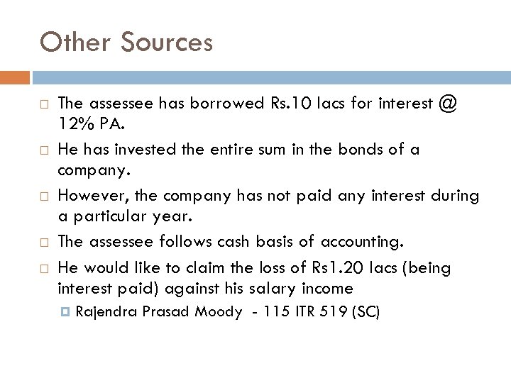 Other Sources The assessee has borrowed Rs. 10 lacs for interest @ 12% PA.