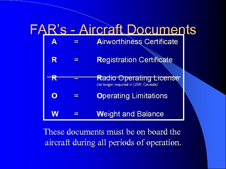 FAR’s - Aircraft Documents A = Airworthiness Certificate R = Registration Certificate R =