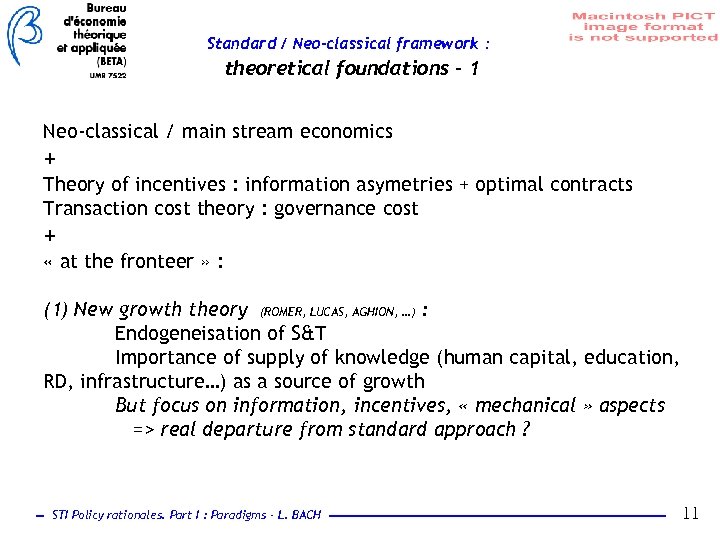 Standard / Neo-classical framework : theoretical foundations - 1 Neo-classical / main stream economics