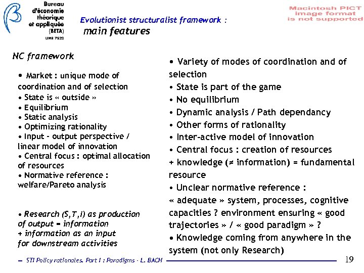 Evolutionist structuralist framework : main features NC framework • Market : unique mode of