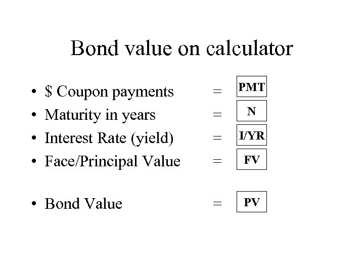 Bond value on calculator • • $ Coupon payments Maturity in years Interest Rate