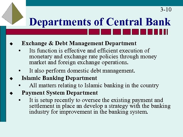 3 -10 Departments of Central Bank u u u Exchange & Debt Management Department