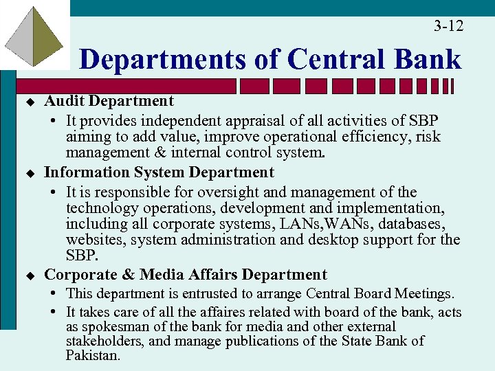 3 -12 Departments of Central Bank u u u Audit Department • It provides