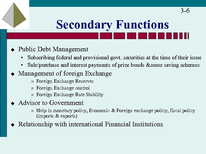 3 -6 Secondary Functions u Public Debt Management • Subscribing federal and provisional govt.