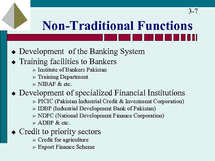 3 -7 Non-Traditional Functions u u Development of the Banking System Training facilities to