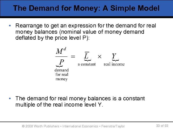 The Demand for Money: A Simple Model • Rearrange to get an expression for