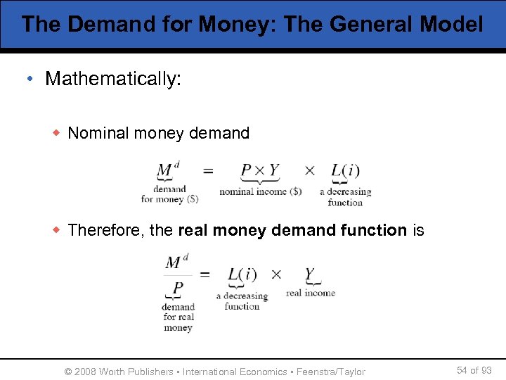 The Demand for Money: The General Model • Mathematically: w Nominal money demand w
