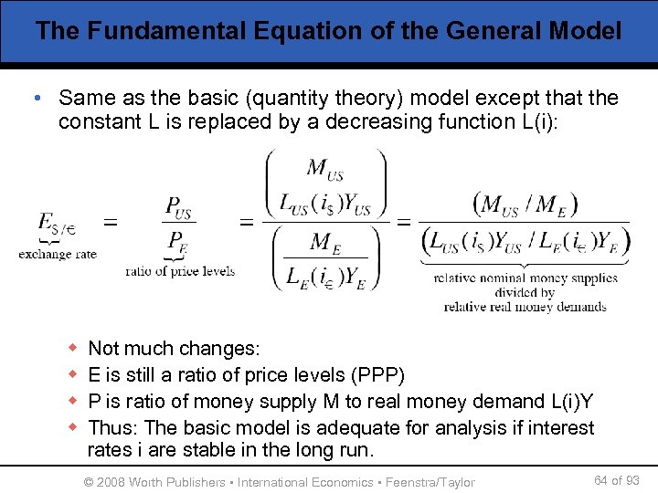 The Fundamental Equation of the General Model • Same as the basic (quantity theory)