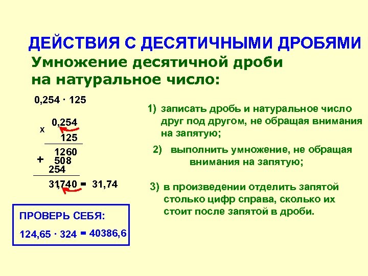 ДЕЙСТВИЯ С ДЕСЯТИЧНЫМИ ДРОБЯМИ Умножение десятичной дроби на натуральное число: 0, 254 · 125