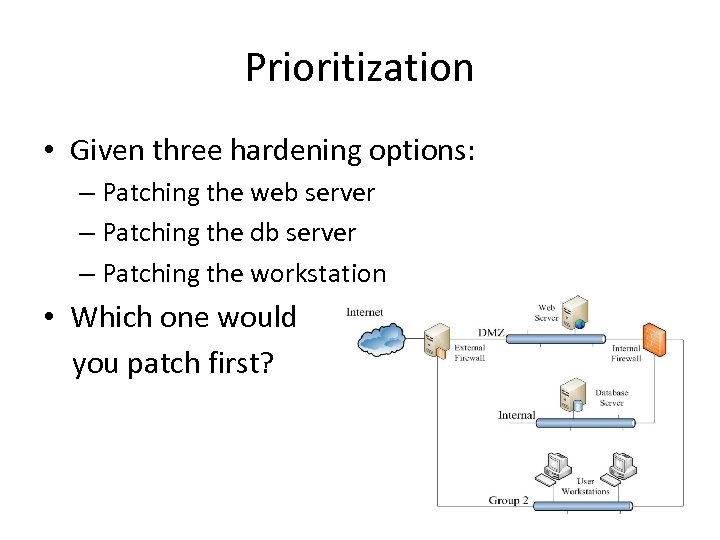 Prioritization • Given three hardening options: – Patching the web server – Patching the
