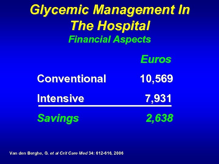 Glycemic Management In The Hospital Financial Aspects Euros Conventional 10, 569 Intensive 7, 931