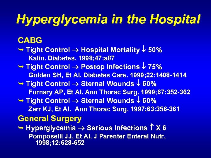 Hyperglycemia in the Hospital CABG Ê Tight Control Hospital Mortality 50% Kalin. Diabetes. 1998;
