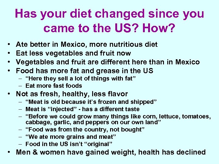 Has your diet changed since you came to the US? How? • • Ate