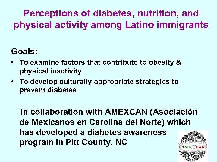 Perceptions of diabetes, nutrition, and physical activity among Latino immigrants Goals: • To examine