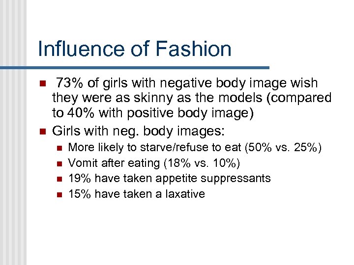 Influence of Fashion n n 73% of girls with negative body image wish they