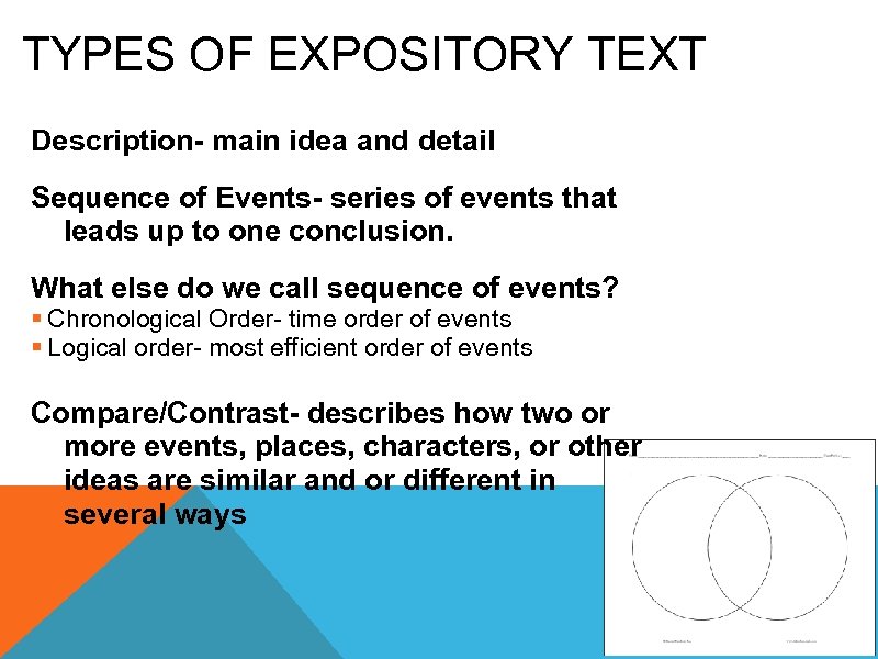 TYPES OF EXPOSITORY TEXT Description- main idea and detail Sequence of Events- series of