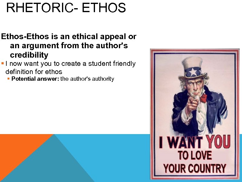 RHETORIC- ETHOS Ethos-Ethos is an ethical appeal or an argument from the author's credibility