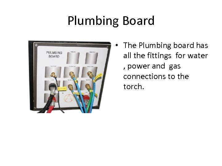 Plumbing Board • The Plumbing board has all the fittings for water , power