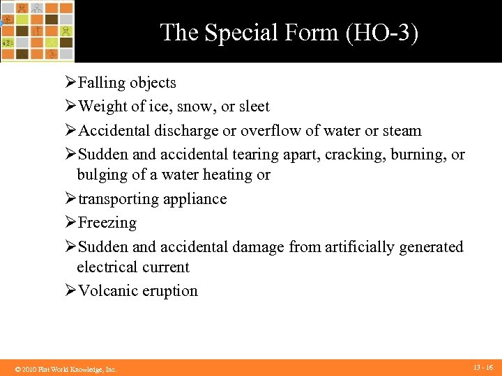The Special Form (HO-3) ØFalling objects ØWeight of ice, snow, or sleet ØAccidental discharge