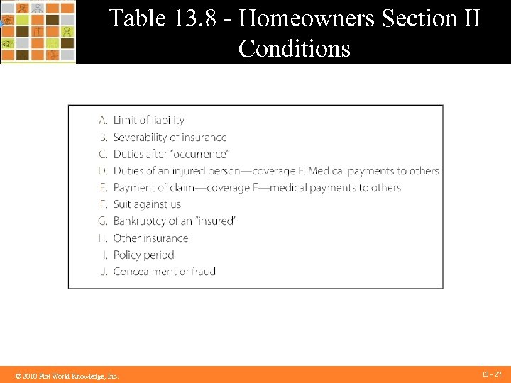 Table 13. 8 - Homeowners Section II Conditions ©© 2010 Flat World Knowledge, Inc.
