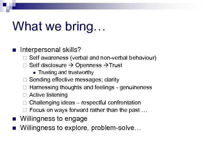 What we bring… n Interpersonal skills? Self awareness (verbal and non-verbal behaviour) ¨ Self