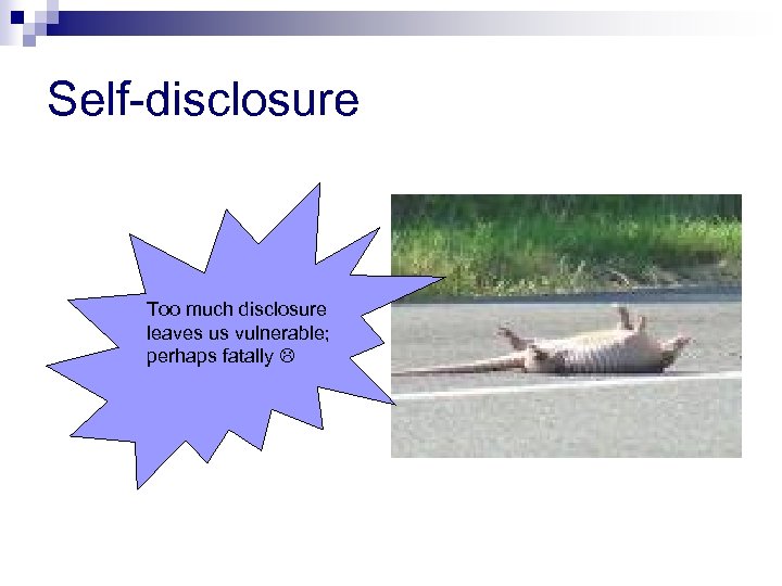 Self-disclosure Too much disclosure leaves us vulnerable; perhaps fatally 