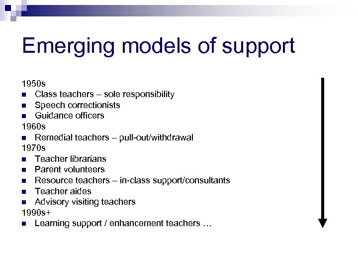 Emerging models of support 1950 s n Class teachers – sole responsibility n Speech