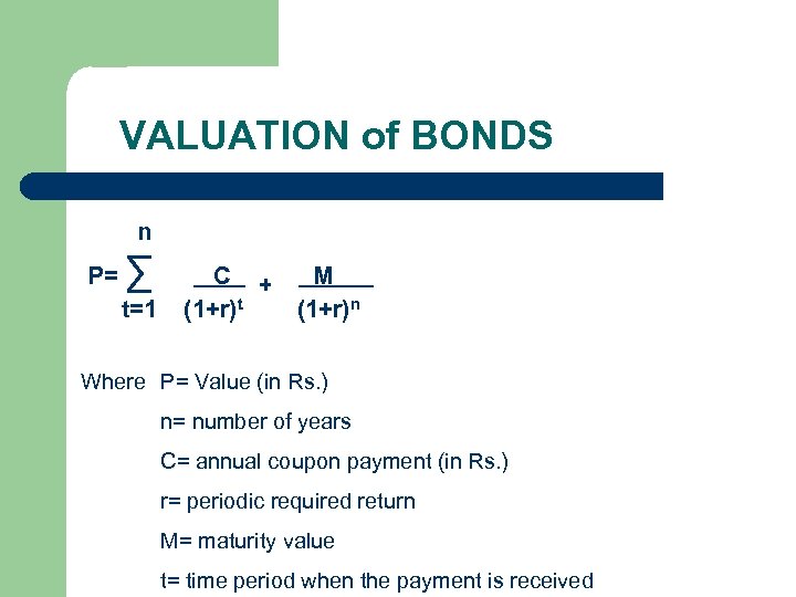 VALUATION of BONDS n P= ∑ t=1 C + (1+r)t M (1+r)n Where P=