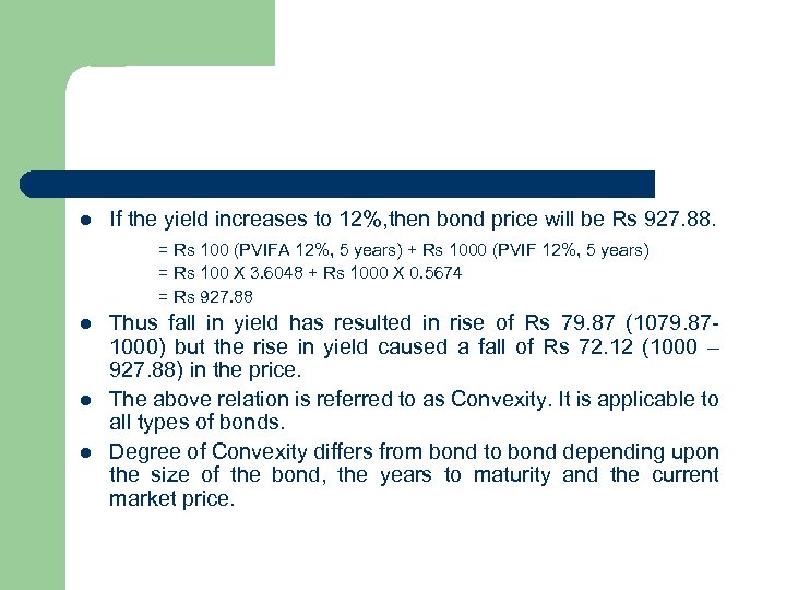 l If the yield increases to 12%, then bond price will be Rs 927.