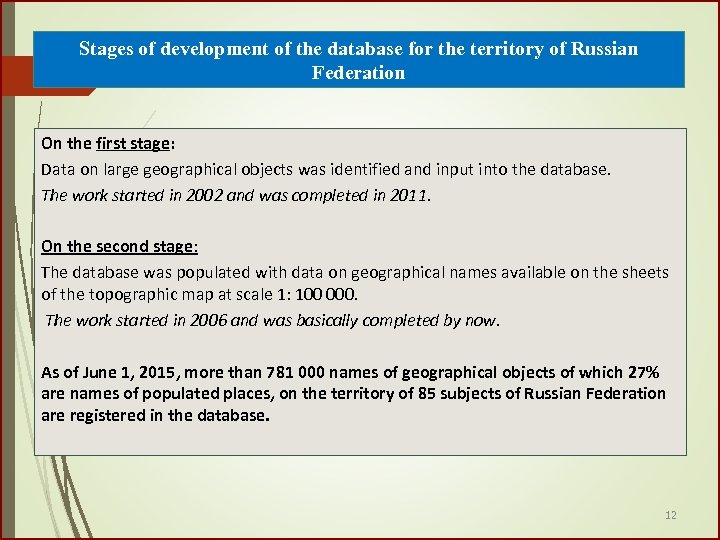 Stages of development of the database for the territory of Russian Federation On the